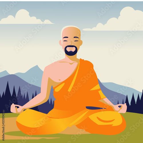 Smiling Monk in Orange Robe Meditating Outdoors with a Peaceful Mountain Landscape and Clear Sky in a Flat Vector Illustration


