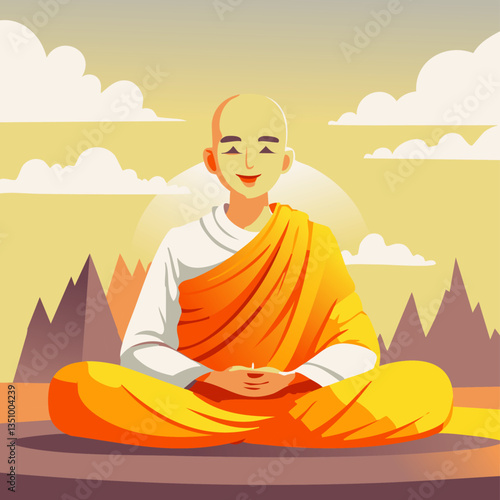 Smiling Monk in Orange Robe Meditating Outdoors with a Peaceful Mountain Landscape and Clear Sky in a Flat Vector Illustration


