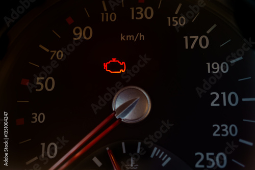 car dashboard lights with warning lamps illuminated. Light symbol that pops up on dashboard when something goes wrong with the engine