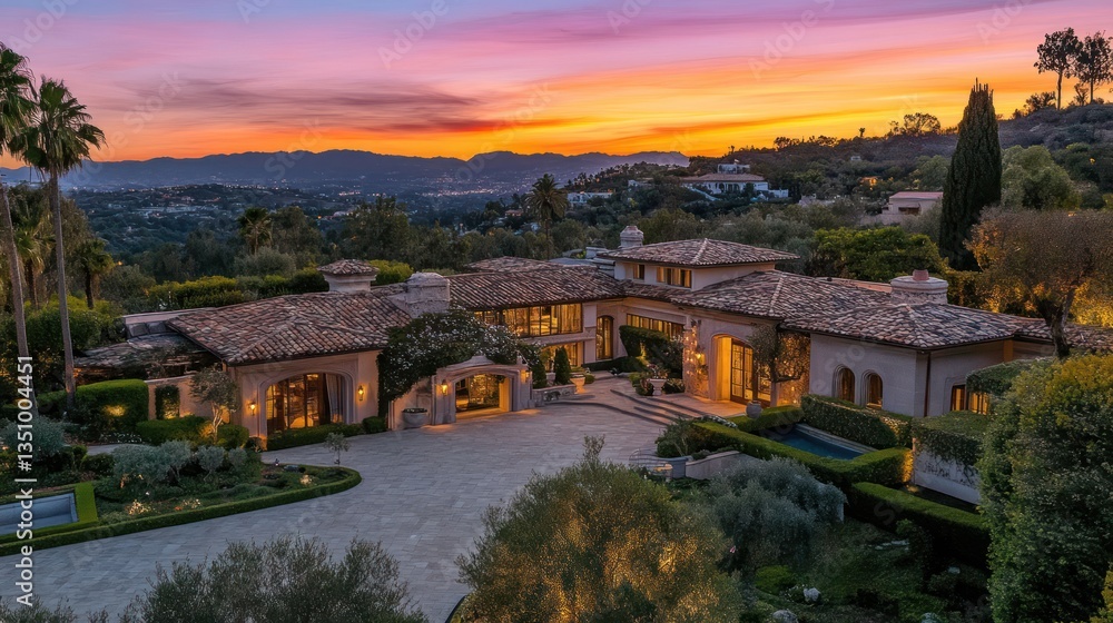 Fototapeta premium Sunset view, luxury mansion, hillside estate, aerial, real estate