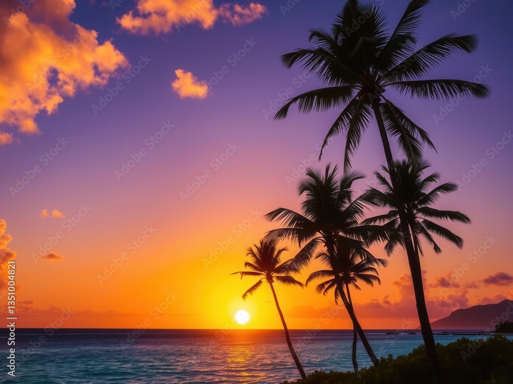 Tropical Sunset Over Ocean with Palm Trees Silhouette Tropical Sunset Over Ocean with Palm Trees Silhouette