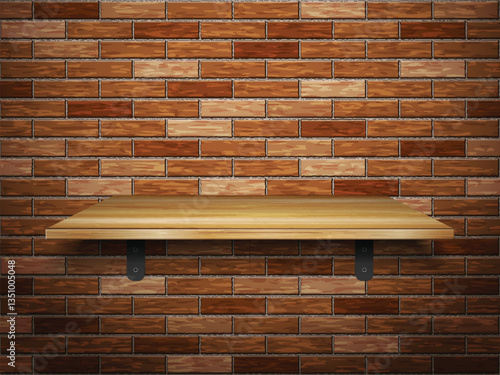 Wooden shelf on brick wall
