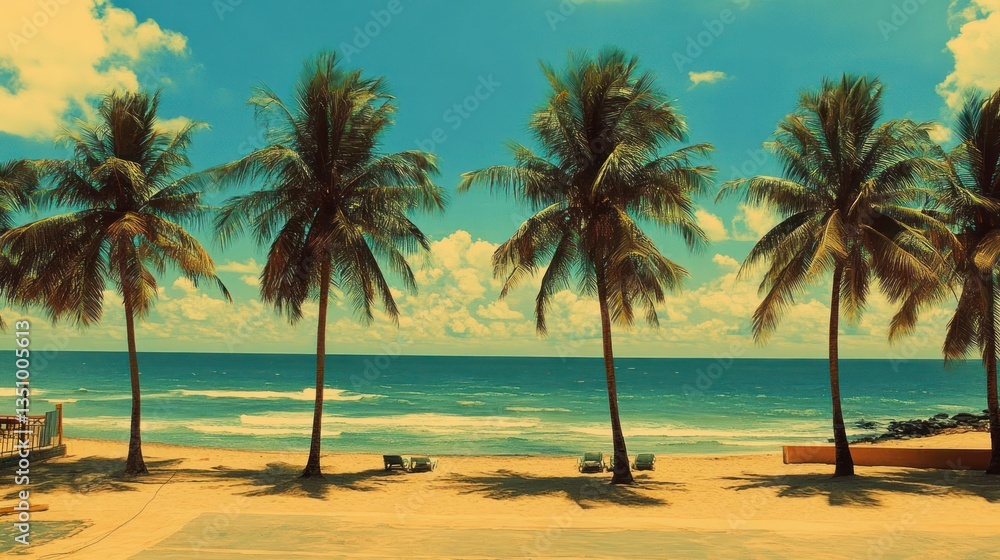 Obraz premium Tropical beach panorama, palm trees, ocean, sunny sky, vacation