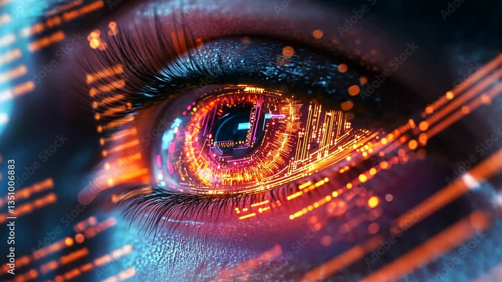 Cybernetic eye, city reflected, digital lines Cybernetic eye, city reflected, digital lines