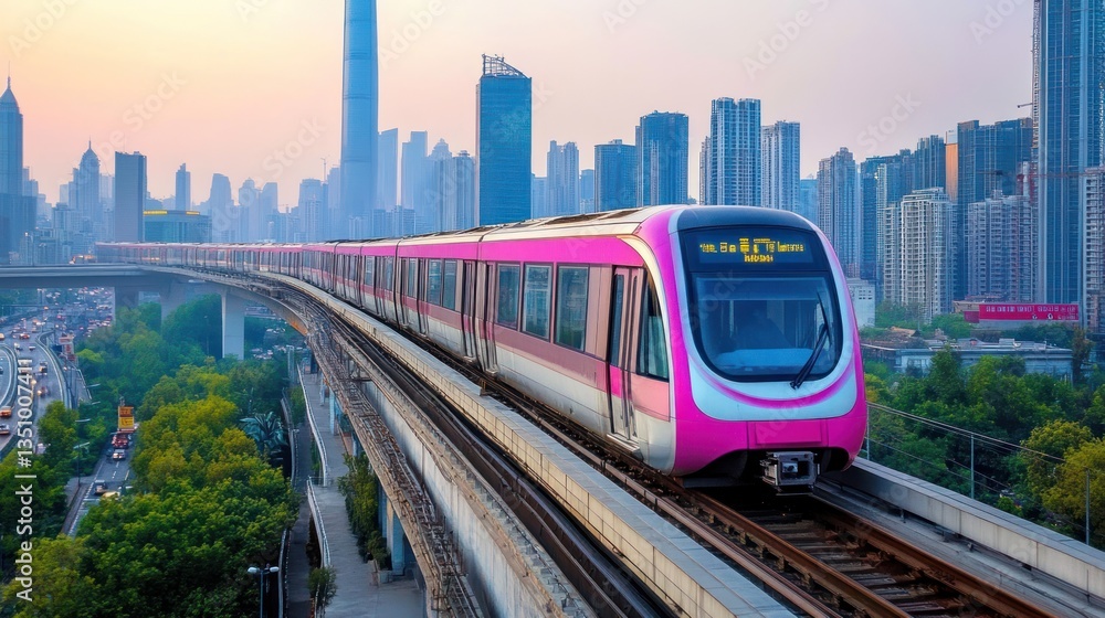Naklejka premium Elevated Train in Modern City Skyline