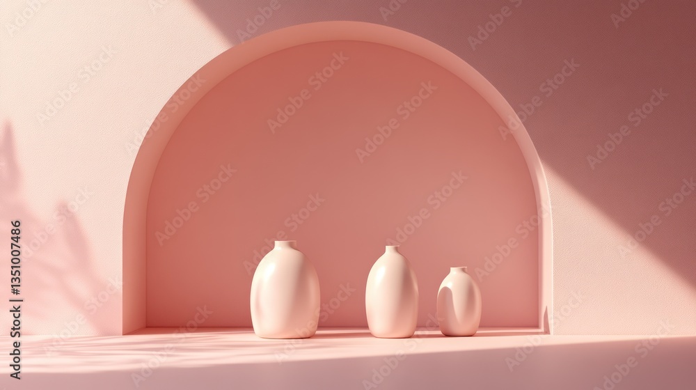 Fototapeta premium Minimalist Pink Room Setting with Vases, Sunlight, and Shadow