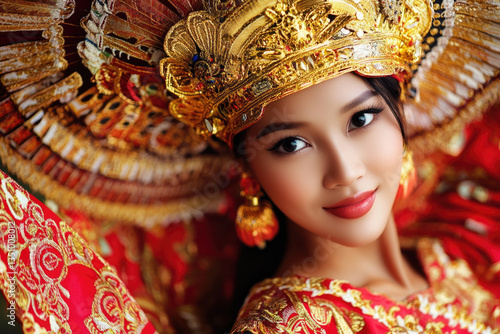 portrait of a beautiful Minangkabau woman wearing traditional Bundo Kanduang attire, golden suntiang headdress, red and gold songket, intricate patterns