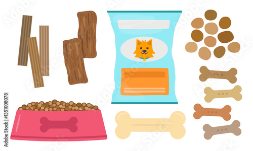 Dog Treats and Food Vector Illustration Set. Including packaged dog food, a bowl of kibble, individual kibble pieces, dental sticks, jerky treats, dog biscuits, and a chew bone.