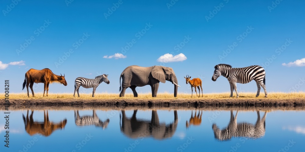 Fototapeta premium Eco-Conscious Wildlife Conservation Symmetrical African Savanna Ecosystem Panorama - Sustainable Biodiversity Storytelling for Global Environmental Education