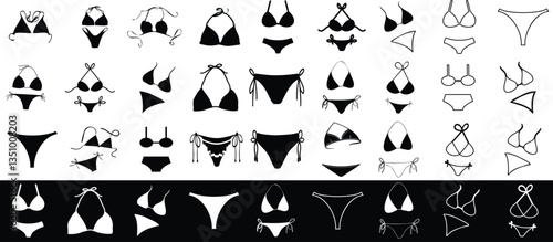Bikini icons set featuring various swimwear designs in black. Stylish swimsuit silhouettes, including triangle, bandeau, and halter styles, perfect for fashion, summer, and beachwear themes