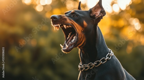 Doberman Pinscher barking outdoors sunset, nature background