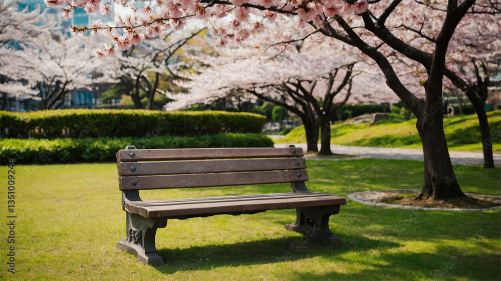 Wooden Bench in Park Surrounded by Cherry Blossom Trees, Sakura Flowers Wooden Bench in Park Surrounded by Cherry Blossom Trees, Sakura Flowers