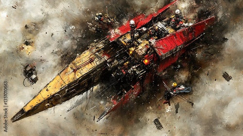 Fototapeta Naklejka Na Ścianę i Meble -  A colorful spacecraft experiences intense battle and suffers critical damage