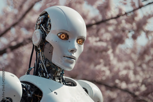 Headshot of a female robot in nature.