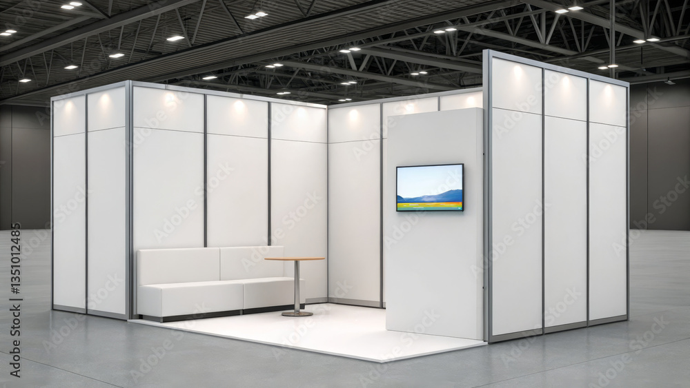 Empty conference booth mockup with screen and furniture in hall Empty conference booth mockup with screen and furniture in hall