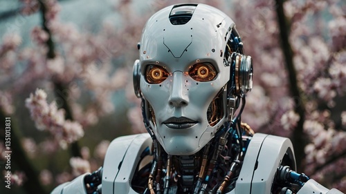 Abstract portrait of a robot in spring nature.