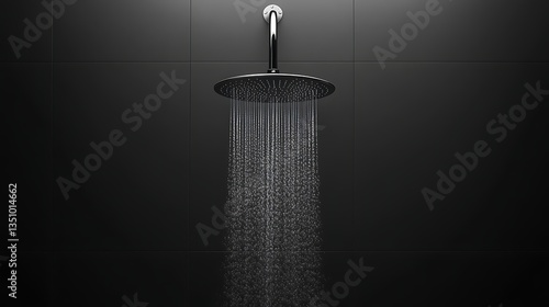 Modern shower head with water running in a dark bathroom for hygiene and cleanliness