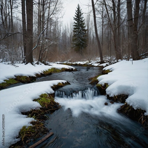 Non-freezing river in a snowy forest, landscape.