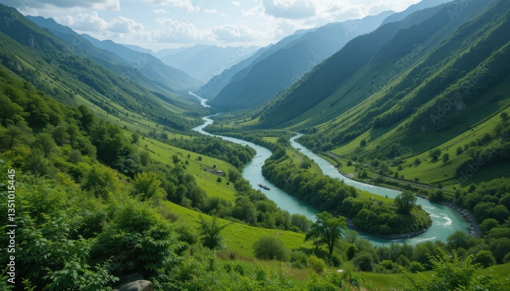 Serene River Winding Through Lush Green Mountain Valley Landscape Serene River Winding Through Lush Green Mountain Valley Landscape