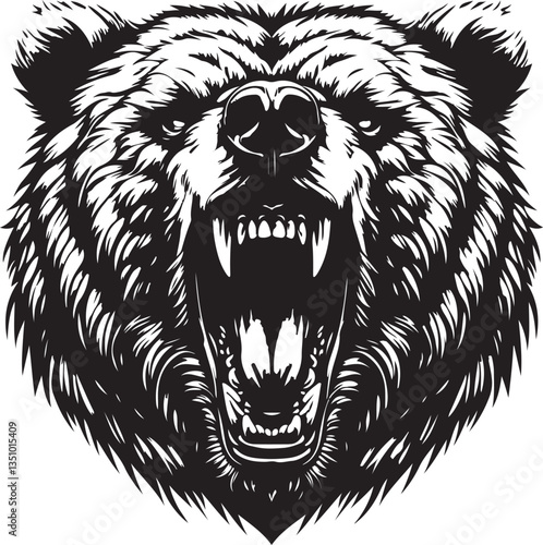 Roaring growling grizzly bear head, tattoo. Powerful white background