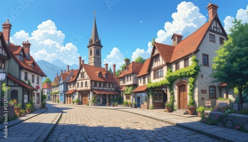 Charming European Village Street Scene Picturesque Houses Cobblestone Road Sunny Day