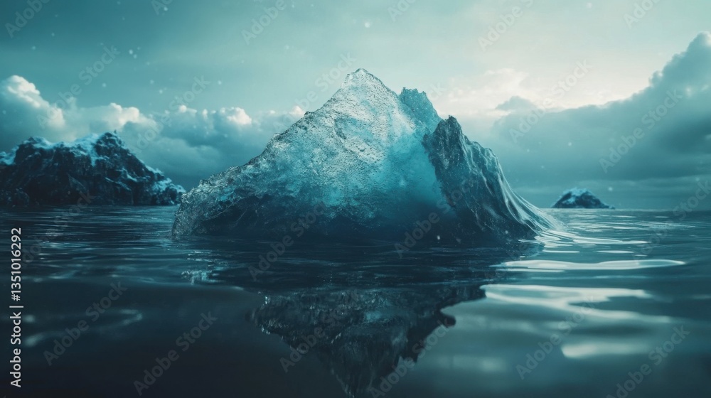 Powerful iceberg melting into ocean waters, showcasing climate change in a dramatic landscape with turquoise hues and reflective surfaces Powerful iceberg melting into ocean waters, showcasing climate change in a dramatic landscape with turquoise hues and reflective surfaces