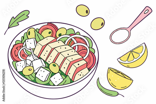 77 Vibrant bowl of Mediterranean cuisine, top-down view, colorful ingredients, feta cheese cubes, sliced grilled chicken, pink pickled onions, green olives, lemon slice, white ceramic dish, balanced c