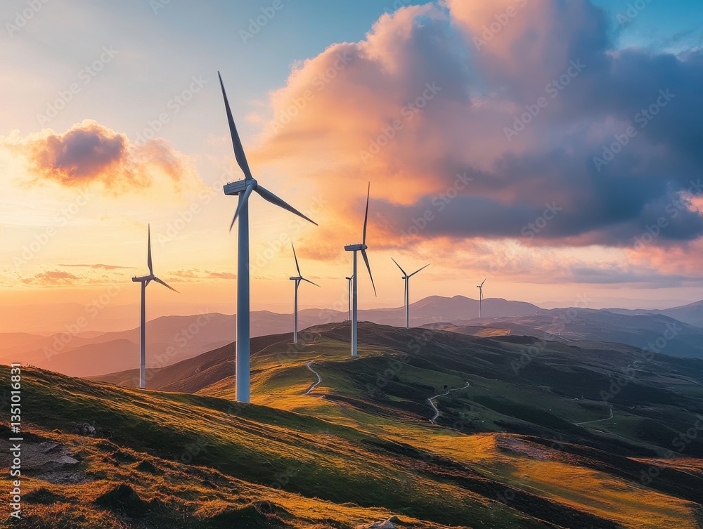 Wind turbines stand tall on a hill at sunset, contributing to a sustainable and beautiful landscape Wind turbines stand tall on a hill at sunset, contributing to a sustainable and beautiful landscape