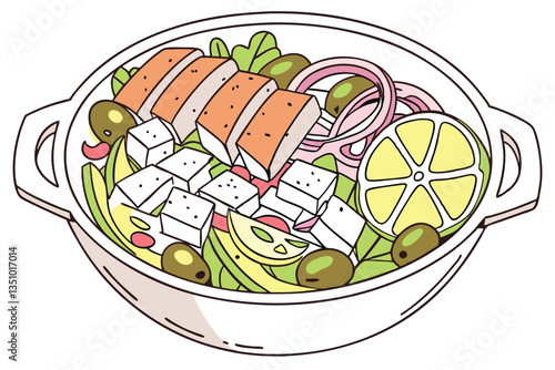 77 Vibrant bowl of Mediterranean cuisine, top-down view, colorful ingredients, feta cheese cubes, sliced grilled chicken, pink pickled onions, green olives, lemon slice, white ceramic dish, balanced c