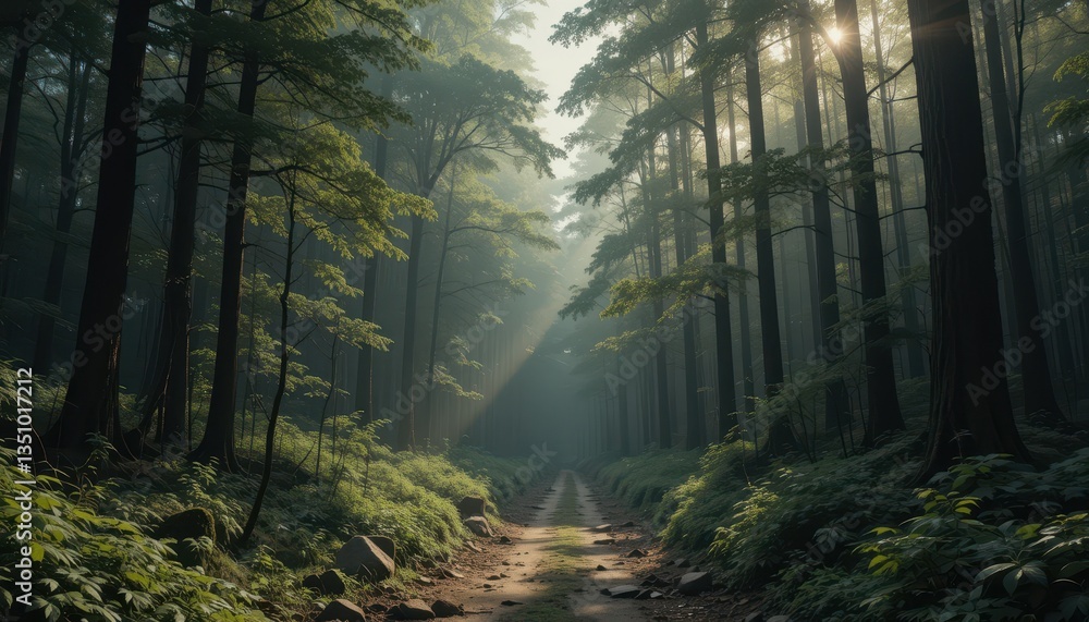 Obraz premium Sunbeams Illuminate Misty Forest Path Serene Nature Trail Scene