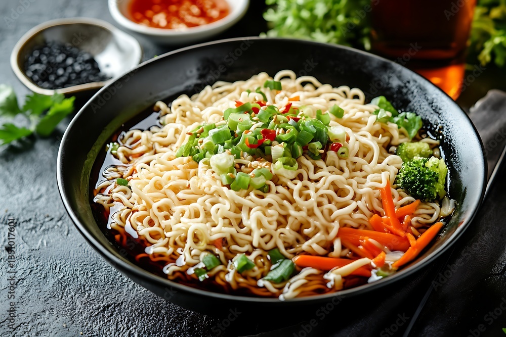 Savory Noodle Soup with Broccoli, Carrots, and Sesame Seeds in Dark Bowl Savory Noodle Soup with Broccoli, Carrots, and Sesame Seeds in Dark Bowl