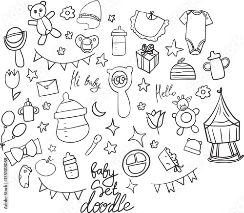 Baby doodle set. Set of baby care objects and elements. 