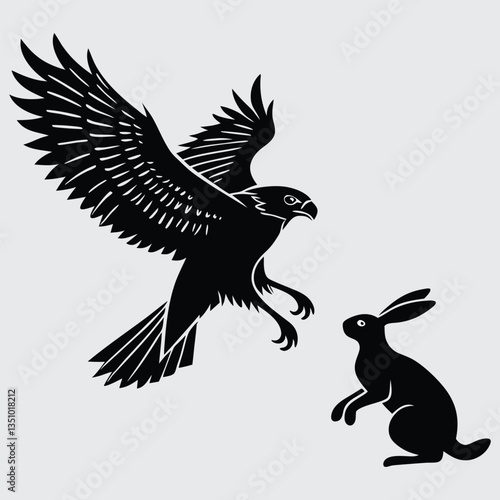 A falcon diving at a rabbit image silhouette design vector art and illustration