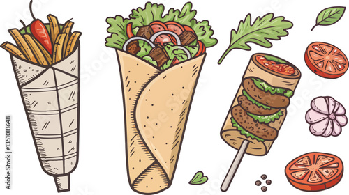 Shawarma Illustration vector design, Shawarma Logo and icon design, Set of Shawarma vector design