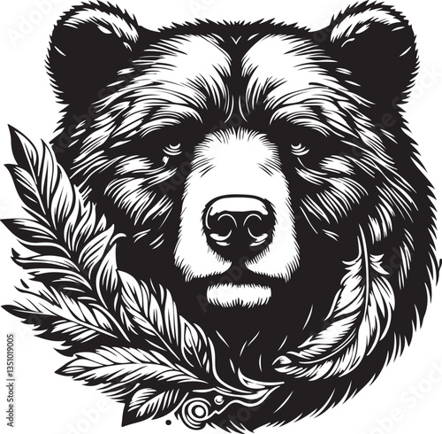 Roaring growling grizzly bear head, tattoo. Powerful white background