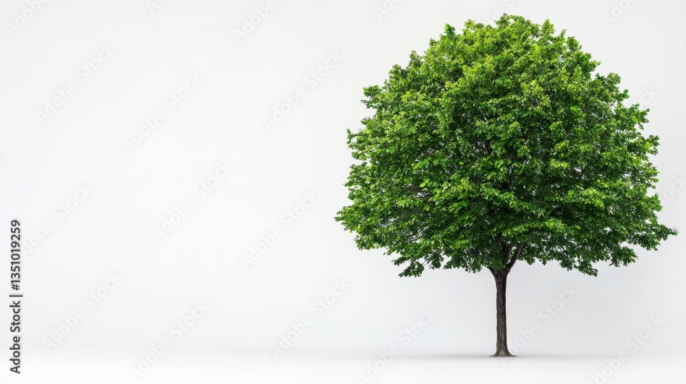 Obraz premium A solitary green tree stands against a simple white background, symbolizing nature and tranquility.