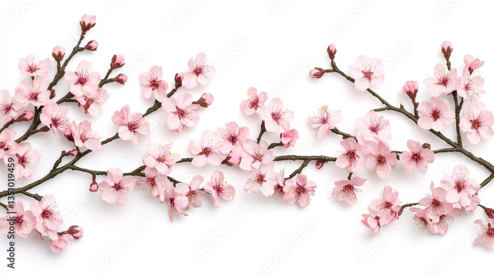 Delicate pink cherry blossom branches arranged symmetrically against a white background, symbolizing beauty and springtime. Delicate pink cherry blossom branches arranged symmetrically against a white background, symbolizing beauty and springtime.