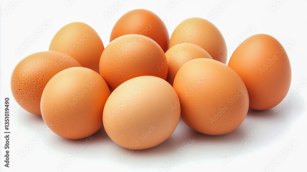 A clean and minimalistic image of fresh eggs arranged on a white background A clean and minimalistic image of fresh eggs arranged on a white background