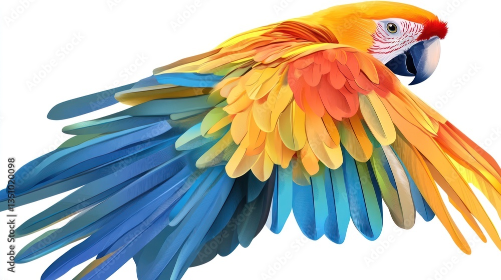 Fototapeta premium Colorful parrot in flight against white background. Possible use Educational resource