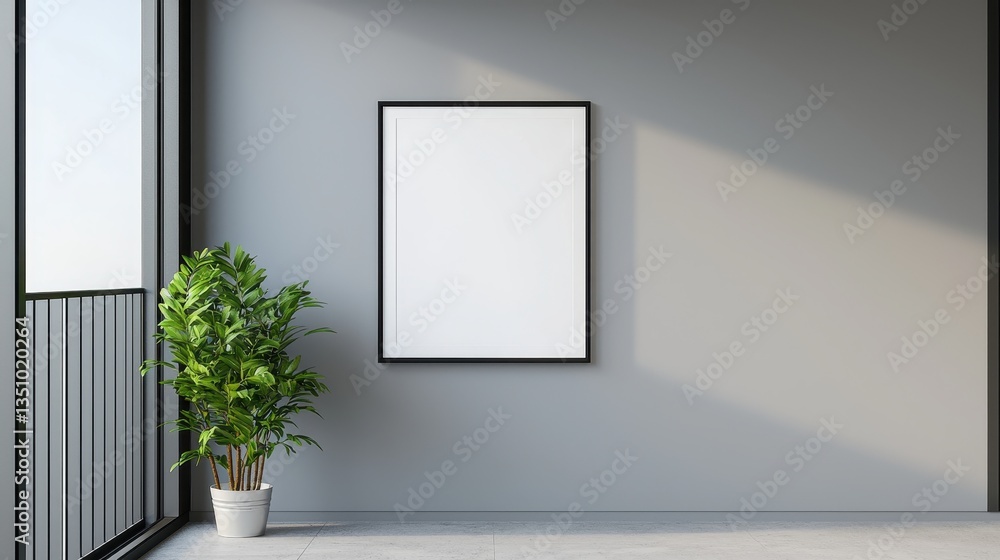 A minimalist interior space featuring a blank frame on the wall and a potted plant, creating a calm and inviting atmosphere. A minimalist interior space featuring a blank frame on the wall and a potted plant, creating a calm and inviting atmosphere.