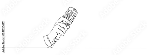 Single line, continuous, hand holding the microphone line art vector business illustration with transparent background editable stroke.