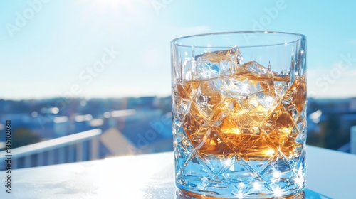 Wallpaper Mural Closeup of golden tonic in crystal glass outdoor setting beverage photography bright daylight realistic perspective Torontodigital.ca