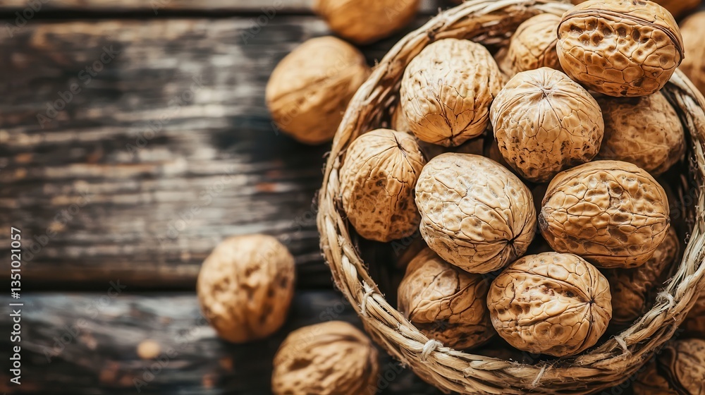 Basket of Walnuts on Rustic Wooden Surface Basket of Walnuts on Rustic Wooden Surface