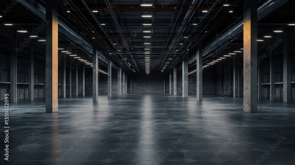 Empty industrial warehouse interior, vast space, dark concrete floor, ceiling pipes Empty industrial warehouse interior, vast space, dark concrete floor, ceiling pipes