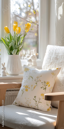 Spring living room with design armchair, furniture, vase with flowers,Home decor,Easter holidays,modern living room interior with easter flowers,living room with Easter decorations,vase with tulips,Ai