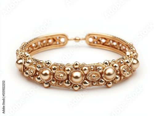 Elegant gold armlet with intricate traditional design and ornate detailing, featuring pearls and decorative patterns