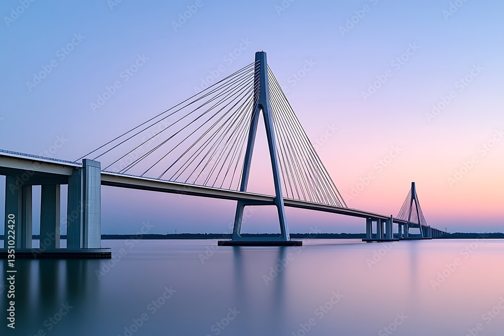 Fototapeta premium A majestic cable-stayed bridge stretching over a serene bay under a gradient-colored evening sky.
