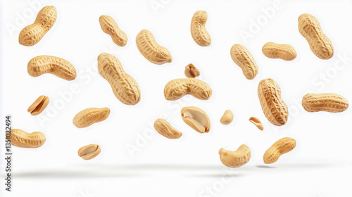 Collection of peanuts falling in mid-air, isolated on a clean white background