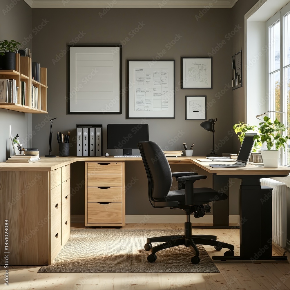 Light Wood Kalligurtor with White Square Holes (Office Desk, Black Armchair, Scandinavian Style) Light Wood Kalligurtor with White Square Holes (Office Desk, Black Armchair, Scandinavian Style)