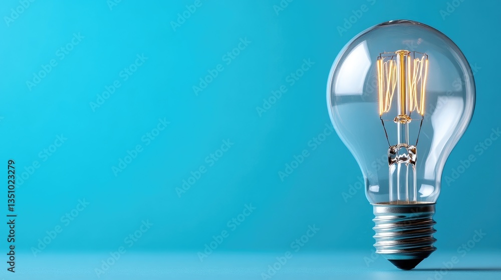 Illuminated light bulb against a vibrant blue backdrop. A classic incandescent bulb with a warm glow Illuminated light bulb against a vibrant blue backdrop. A classic incandescent bulb with a warm glow